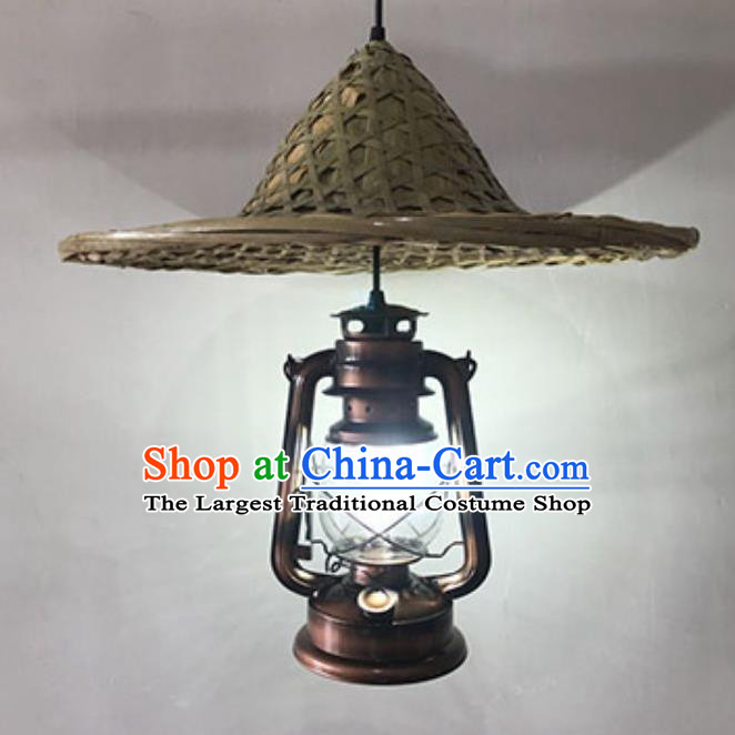Handmade Chinese Straw Hat Hanging Lanterns Traditional Bamboo Art Kerosene Lamp