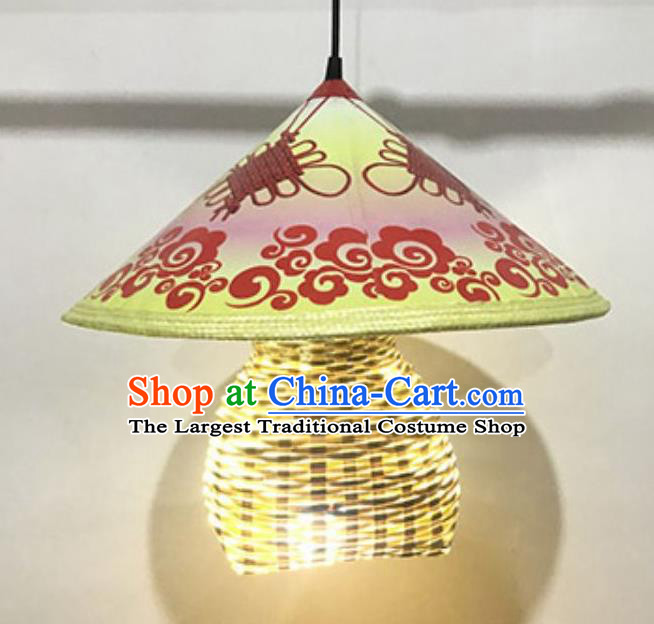 Handmade Chinese Printing Lucky Knot Straw Hat Creel Hanging Lanterns Traditional Bamboo Art Lamp