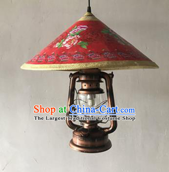 Handmade Chinese Printing Peony Red Straw Hat Lampshade Traditional Bamboo Art Lanterns Chimney