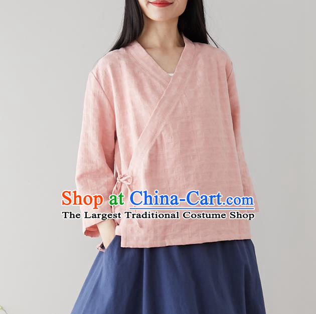 Traditional Chinese Pink Flax Shirt Li Ziqi Tang Suit Blouse Upper Outer Garment Costume for Women