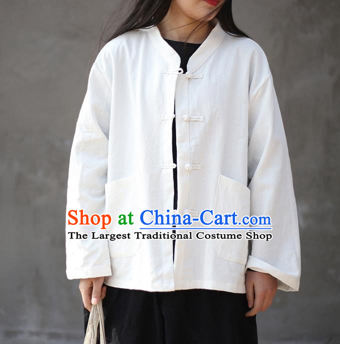 Traditional Chinese Tang Suit White Flax Jacket Li Ziqi Shirt Overcoat Costume for Women