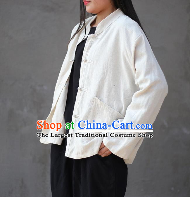 Traditional Chinese Tang Suit White Flax Jacket Li Ziqi Shirt Overcoat Costume for Women