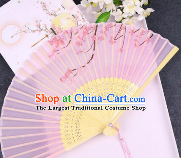 Chinese Traditional Classical Dance Printing Pink Silk Folding Fans Handmade Accordion Bamboo Fan