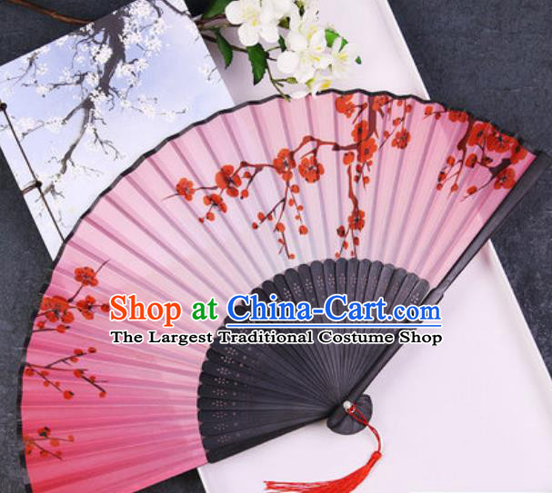 Chinese Traditional Classical Dance Printing Plum Pink Silk Folding Fans Handmade Accordion Bamboo Fan