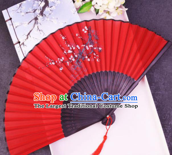 Chinese Traditional Classical Dance Printing Plum Red Silk Folding Fans Handmade Accordion Bamboo Fan