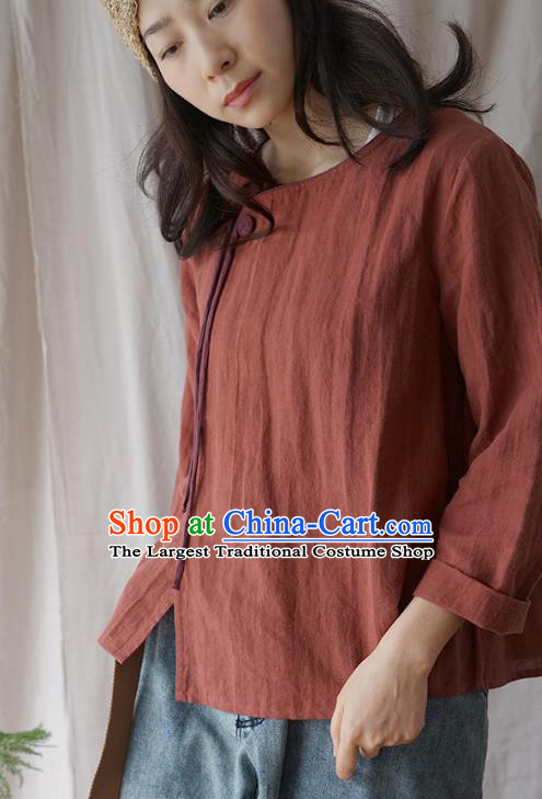 Traditional Chinese Tang Suit Rust Red Shirt Blogger Li Ziqi Flax Blouse Costume for Women