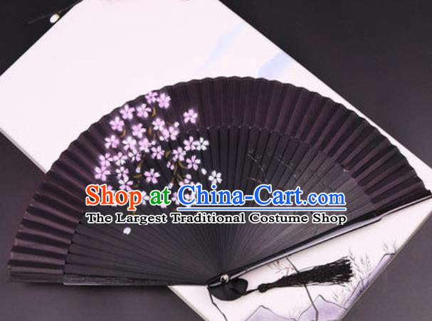 Chinese Traditional Painting Flowers Black Silk Folding Fans Handmade Accordion Classical Dance Bamboo Fan