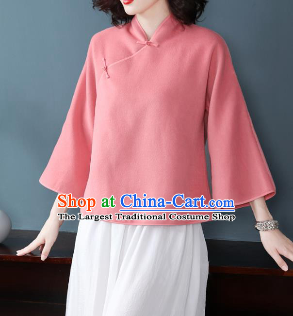 Traditional Chinese Tang Suit Pink Woolen Coat Blogger Li Ziqi Jacket Costume for Women