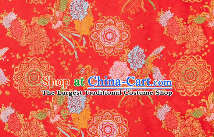 Asian Japanese Traditional Phoenix Peony Pattern Design Red Brocade Fabric Kimono Tapestry Satin
