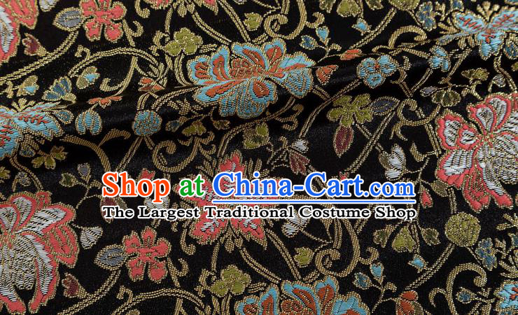 Chinese Classical Twine Lotus Pattern Design Black Brocade Fabric Asian Traditional Hanfu Satin Material
