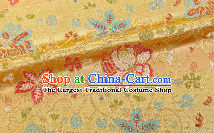 Chinese Classical Twine Lotus Pattern Design Yellow Brocade Fabric Asian Traditional Hanfu Satin Material