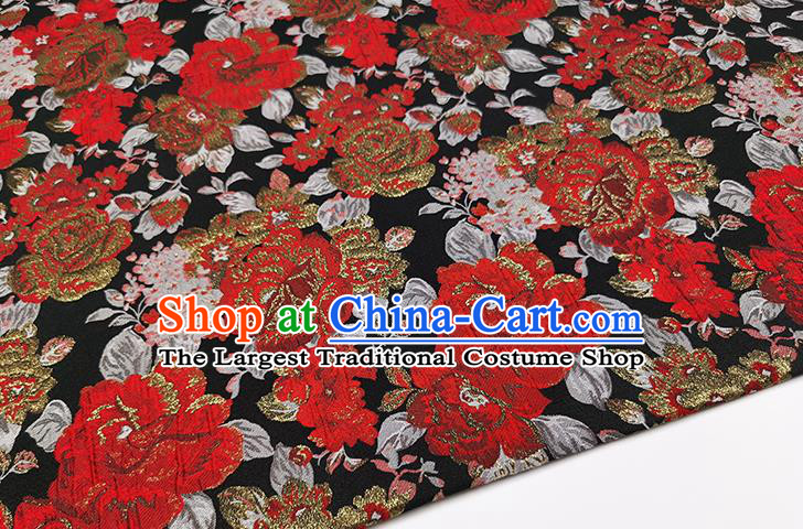Chinese Classical Roses Pattern Design Black Brocade Fabric Asian Traditional Hanfu Satin Material