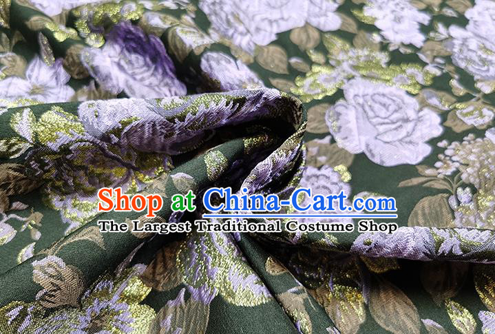 Chinese Classical Purple Roses Pattern Design Green Brocade Fabric Asian Traditional Hanfu Satin Material