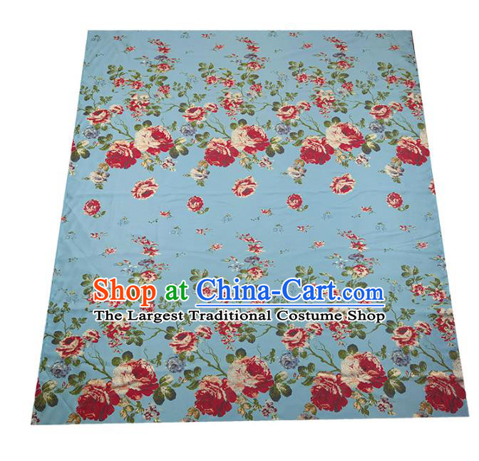 Chinese Classical Roses Pattern Design Blue Brocade Fabric Asian Traditional Hanfu Satin Material