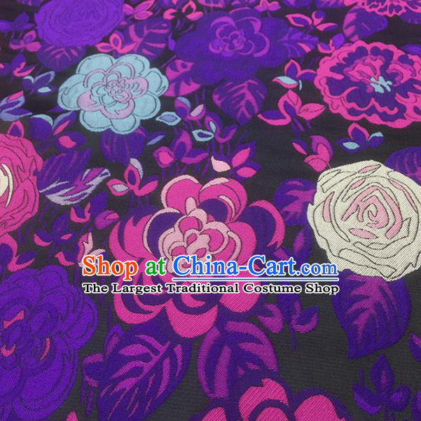 Chinese Classical Hibiscus Pattern Design Black Brocade Fabric Asian Traditional Hanfu Satin Material