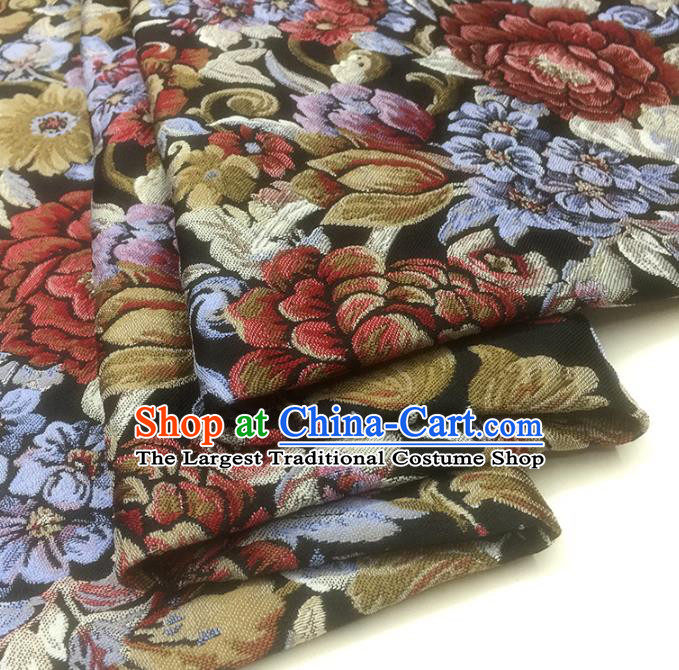 Chinese Classical Peony Flowers Pattern Design Black Brocade Fabric Asian Traditional Hanfu Satin Material
