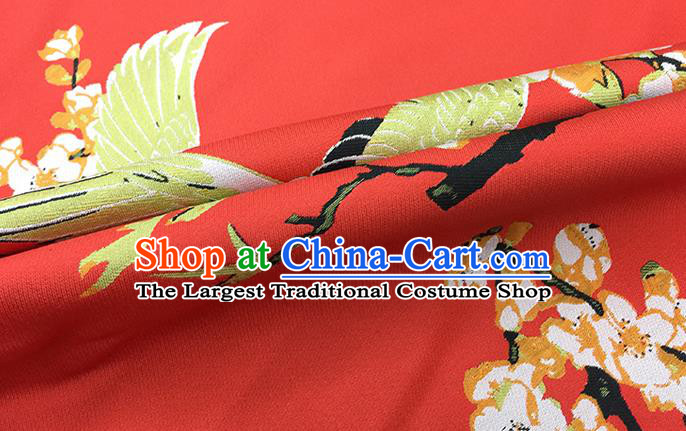 Chinese Classical Crane Plum Pattern Design Red Brocade Fabric Asian Traditional Hanfu Satin Material