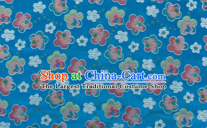 Japanese Traditional Oriental Cherry Pattern Design Blue Brocade Fabric Asian Kimono Tapestry Satin
