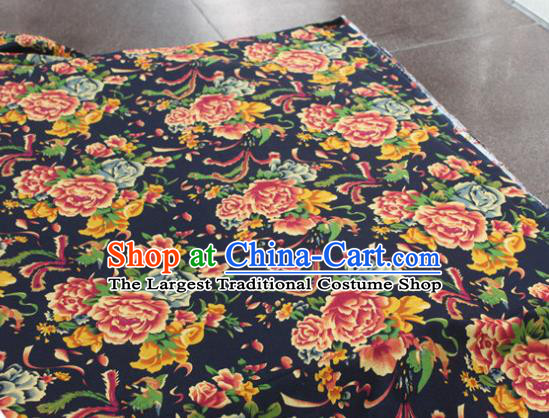 Chinese Classical Phoenix Peony Pattern Design Navy Fabric Asian Traditional Hanfu Cloth Material