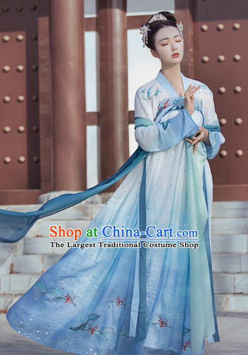Traditional Chinese Tang Dynasty Palace Princess Historical Costumes Ancient Goddess Blue Hanfu Dress for Women