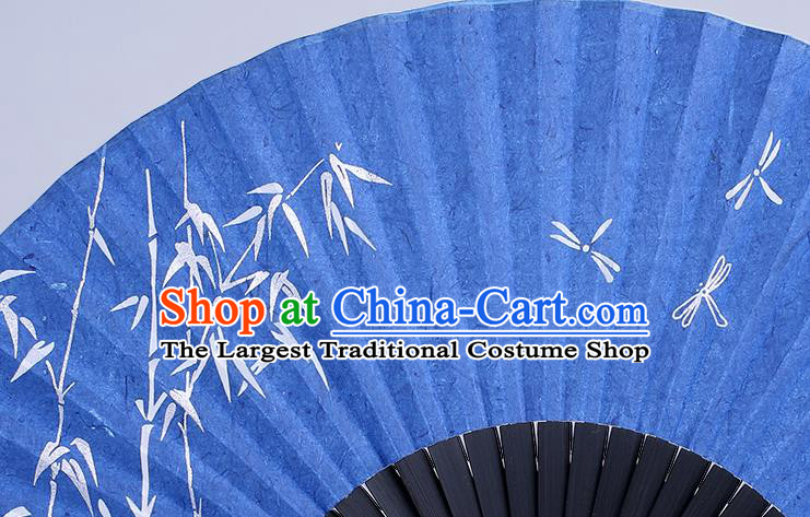 Traditional Chinese Handmade Printing Bamboo Dragonfly Blue Silk Folding Fan China Accordion Fan Oriental Fan
