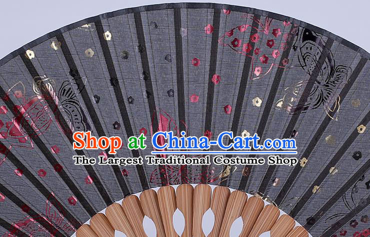 Traditional Chinese Handmade Printing Butterfly Black Silk Folding Fan China Accordion Fan Oriental Fan