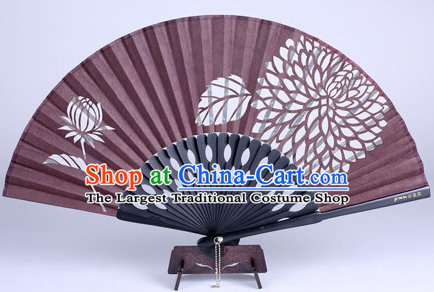 Traditional Chinese Handmade Printing Chrysanthemum Purplish Red Silk Folding Fan China Accordion Fan Oriental Fan
