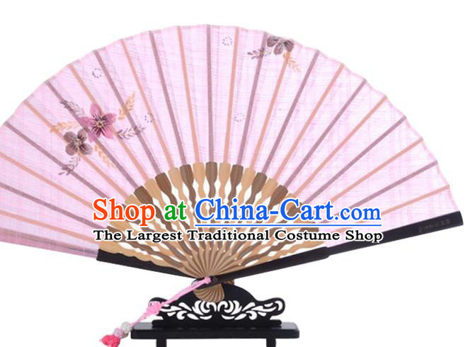 Traditional Chinese Printing Flowers Pink Flax Fan China Bamboo Accordion Folding Fan Oriental Fan