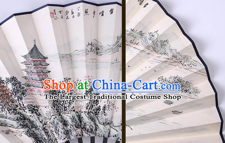 Traditional Chinese Handmade Painting Leifeng Tower Paper Folding Fan China Wood Accordion Fan Oriental Fan