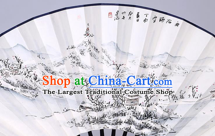 Traditional Chinese Handmade Painting Autumn Moon on Calm Lake Paper Folding Fan China Wood Accordion Fan Oriental Fan