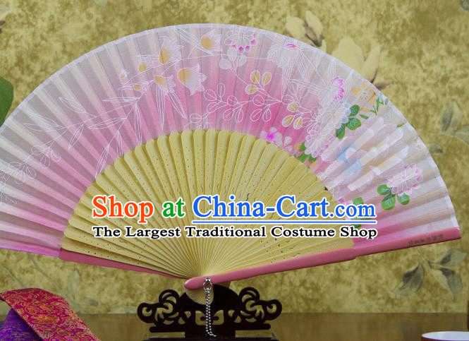 Traditional Chinese Printing Chrysanthemum Pink Silk Fan China Bamboo Accordion Folding Fan Oriental Fan