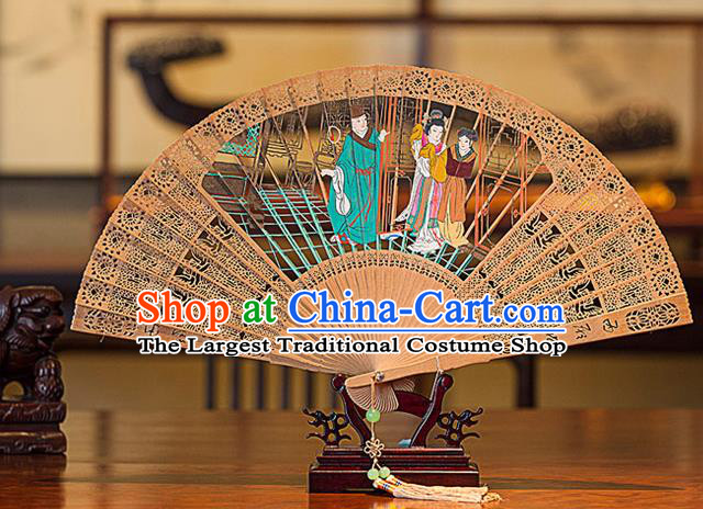 Traditional Chinese Hand Carving Romance of the Western Chamber Sandalwood Fan China Wood Accordion Folding Fan Oriental Fan
