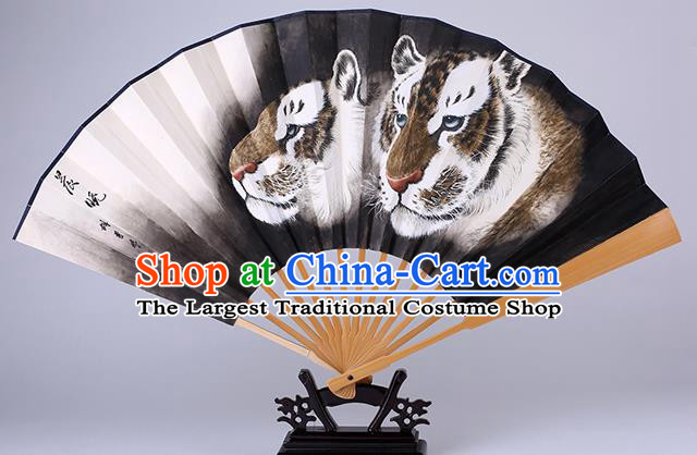 Traditional Chinese Hand Painting Tiger Black Paper Fan China Bamboo Accordion Folding Fan Oriental Fan
