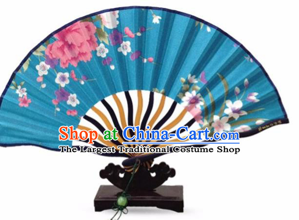 Traditional Chinese Printing Sakura Blue Silk Fan China Bamboo Accordion Folding Fan Oriental Fan
