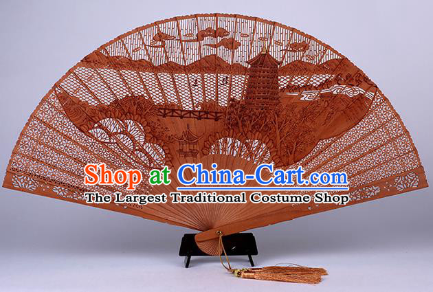 Traditional Chinese Handmade Carving Pagoda Sandalwood Folding Fan China Accordion Fan Oriental Fan