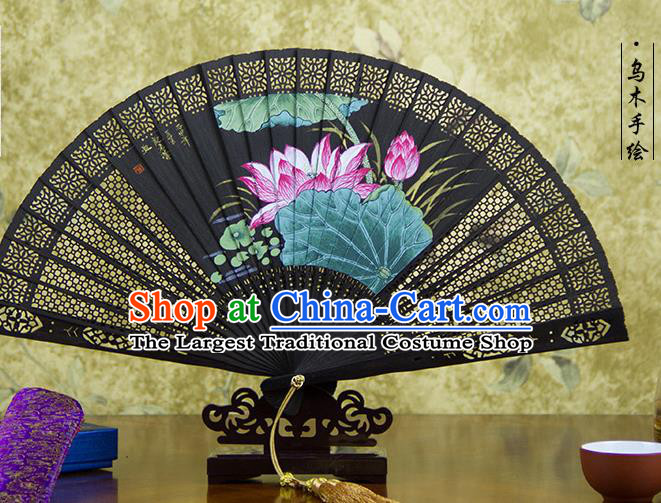 Traditional Chinese Hand Painting Lotus Ebony Fan China Accordion Folding Fan Oriental Fan