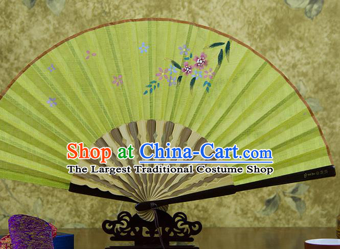 Traditional Chinese Printing Flowers Yellow Flax Fan China Bamboo Accordion Folding Fan Oriental Fan