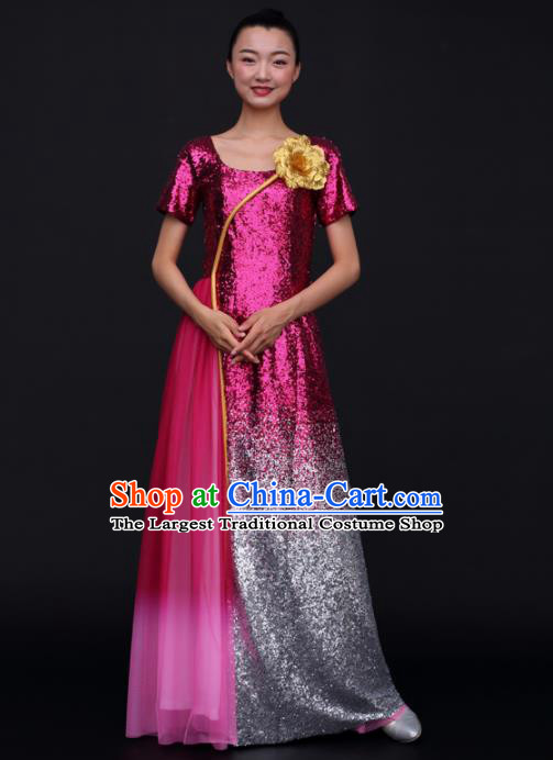 Chinese Traditional Opening Dance Chorus Rosy Sequins Dress China Modern Dance Stage Performance Costume for Women