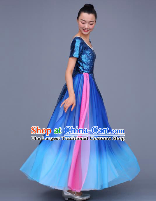 Chinese Traditional Opening Dance Chorus Royalblue Sequins Dress China Modern Dance Stage Performance Costume for Women