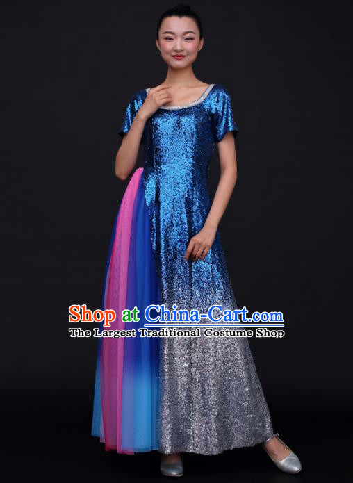 Chinese Traditional Opening Dance Chorus Royalblue Sequins Dress China Modern Dance Stage Performance Costume for Women