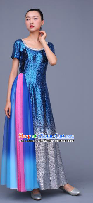 Chinese Traditional Opening Dance Chorus Royalblue Sequins Dress China Modern Dance Stage Performance Costume for Women