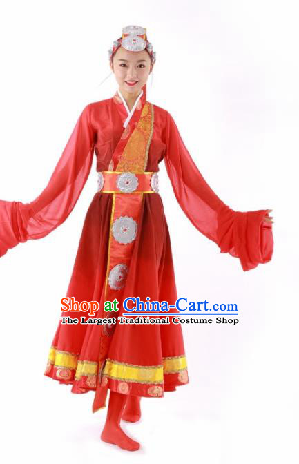 Chinese Tibetan Ethnic Dance Red Dress Traditional Zang Nationality Stage Performance Costume for Women