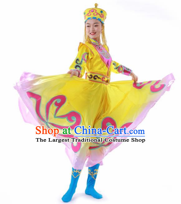 Chinese Mongolian Ethnic Dance Yellow Dress Traditional Mongol Nationality Stage Performance Costume for Women