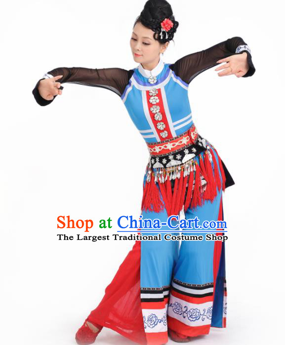 Chinese Tujia Ethnic Dance Blue Dress Traditional Yi Nationality Stage Performance Costume for Women