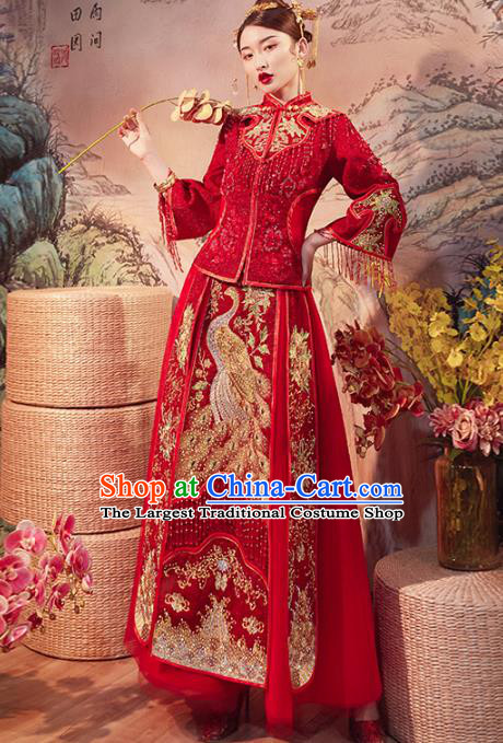 Chinese Traditional Wedding Dress Ancient Bride Embroidered Peacock Xiuhe Suits Costume for Women