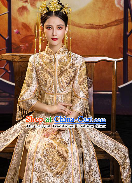 Chinese Traditional Embroidered Golden Xiuhe Suits Wedding Dress Ancient Bride Costume for Women