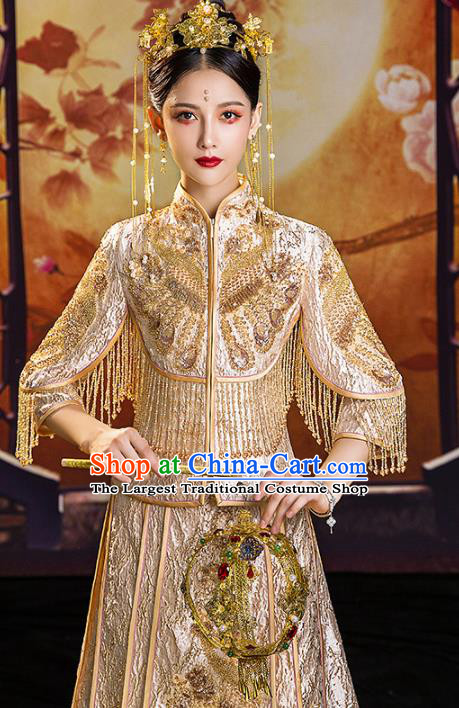 Chinese Traditional Embroidered Golden Xiuhe Suits Wedding Dress Ancient Bride Costume for Women