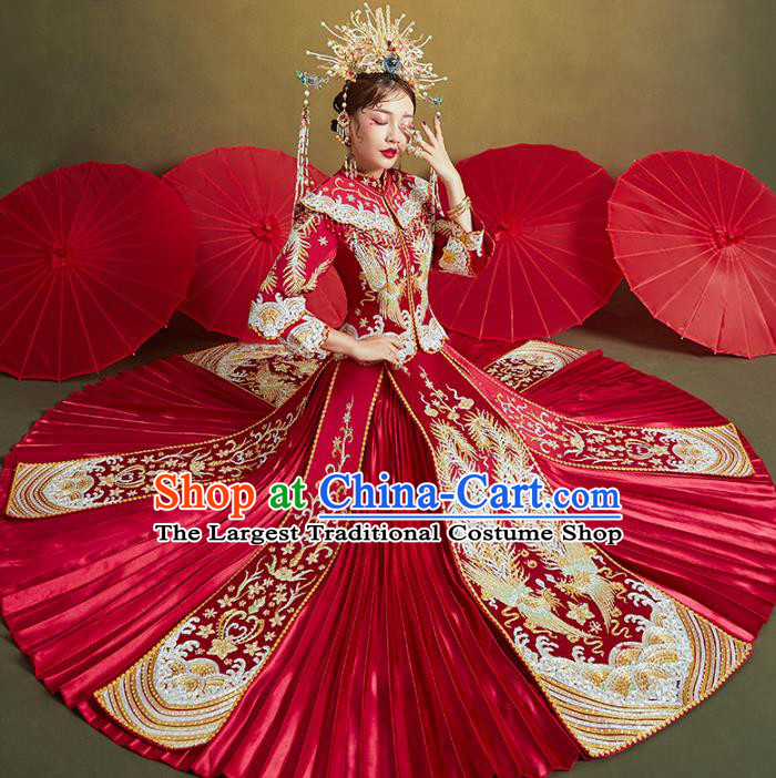 Chinese Traditional Embroidered Diamante Phoenix Red Xiuhe Suits Wedding Dress Ancient Bride Costume for Women