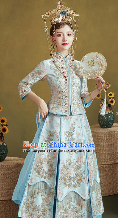 Chinese Traditional Embroidered Blue Xiuhe Suits Wedding Dress Ancient Bride Costume for Women