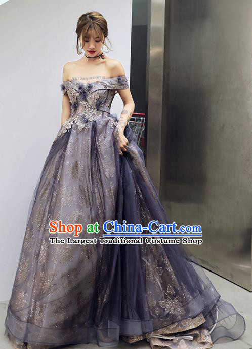 Professional Modern Dance Navy Veil Dress Compere Stage Performance Costume for Women